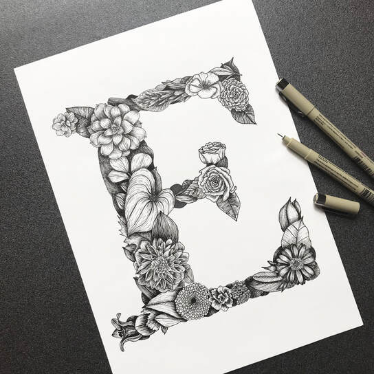 Ink botanical flowers lettering illustration, handmade