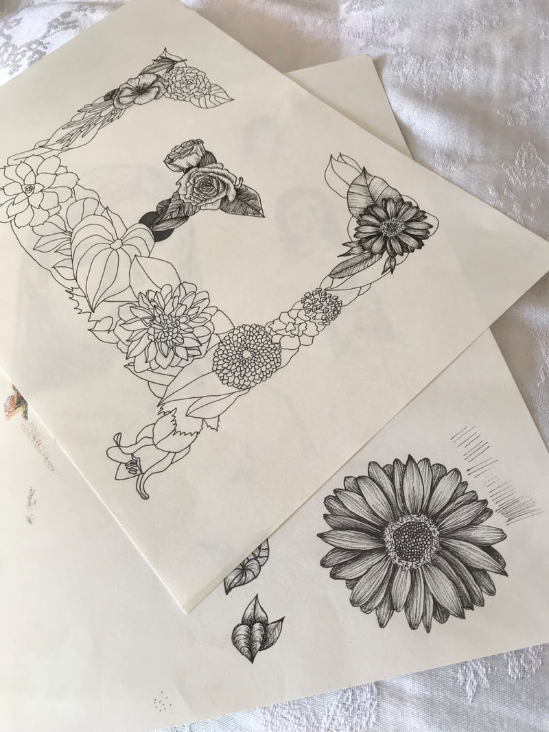 botanical flowers drawing progress 2